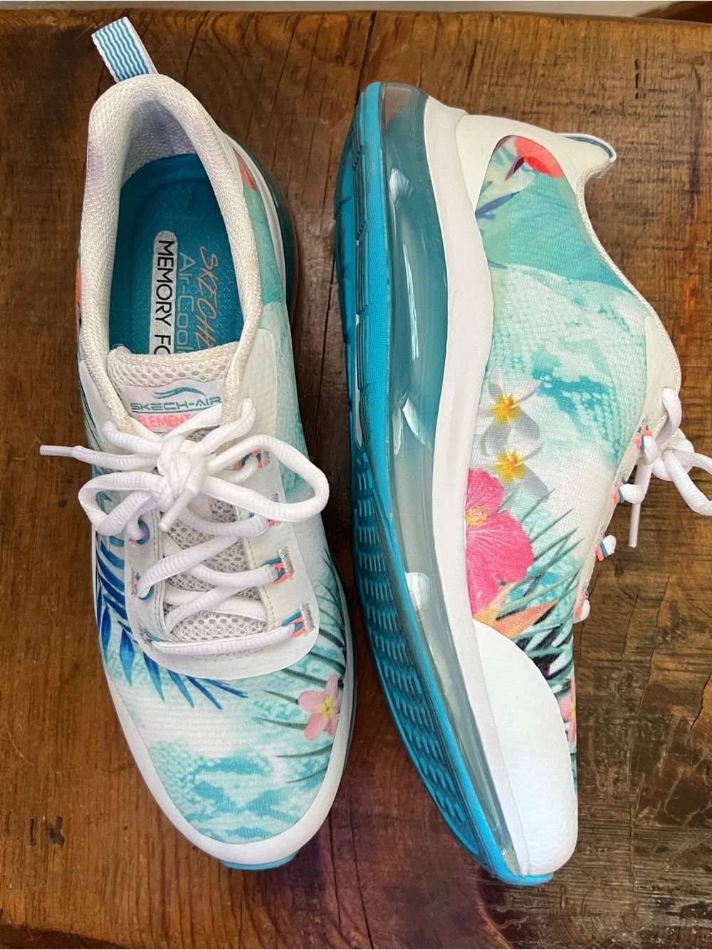 Skechers White Teal Pink Floral Memory Foam Sneakers
